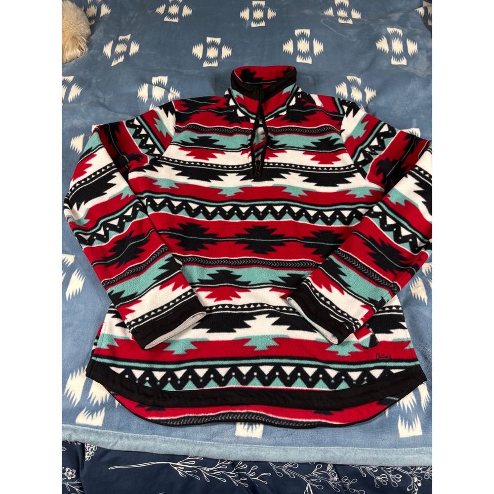 Outback Trading Company Southwestern Fleece Quarter Zip Pullover Red Teal SM